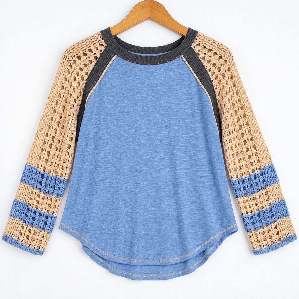 Free People Crochet Sleeve Raglan Top Boho Mixed Media Blue Small